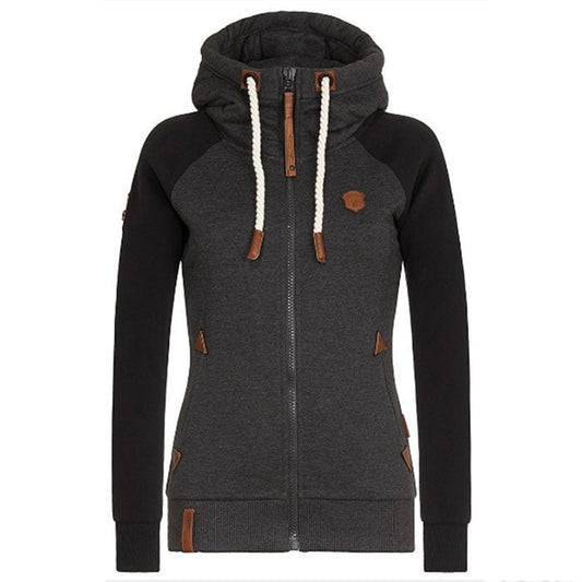 Damen Kapuzenjacke, dunkelgrau, Reißverschluss, Kordelzug, modern, bequem, Freizeitmode.