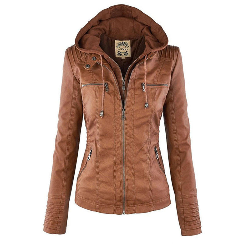 Damen Lederjacke mit Kapuze, khaki, Reißverschluss, modisch, Herbstmode, Outdoor-Bekleidung.