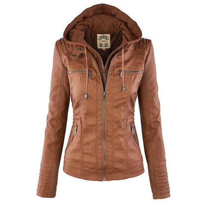 Damen Lederjacke mit Kapuze, khaki, Reißverschluss, modisch, Herbstmode, Outdoor-Bekleidung.