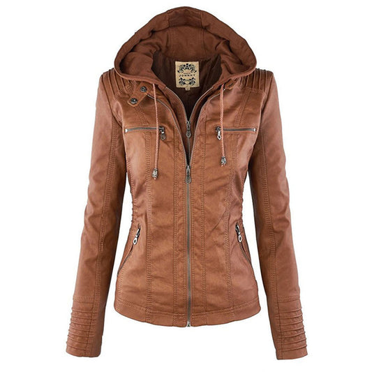 Damen Lederjacke mit Kapuze, khaki, Reißverschluss, modisch, Herbstmode, Outdoor-Bekleidung.