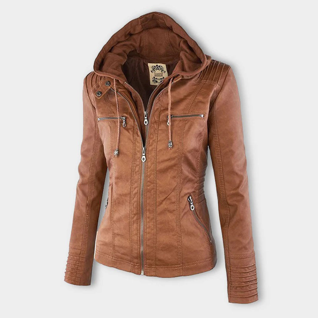 Damen-Kapuzenjacke, khaki, Lederoptik, Reißverschlüsse, modisch, Herbstbekleidung.