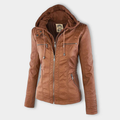 Damen-Kapuzenjacke, khaki, Lederoptik, Reißverschlüsse, modisch, Herbstbekleidung.