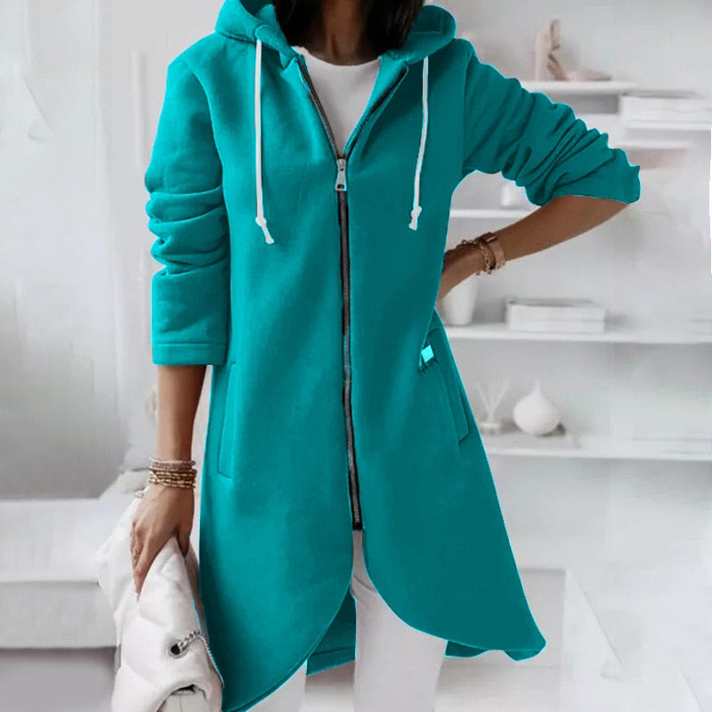 Damen Kapuzenjacke Türkis, Reißverschluss, Langarm, Freizeitmode, Baumwolle, Herbstkleidung
