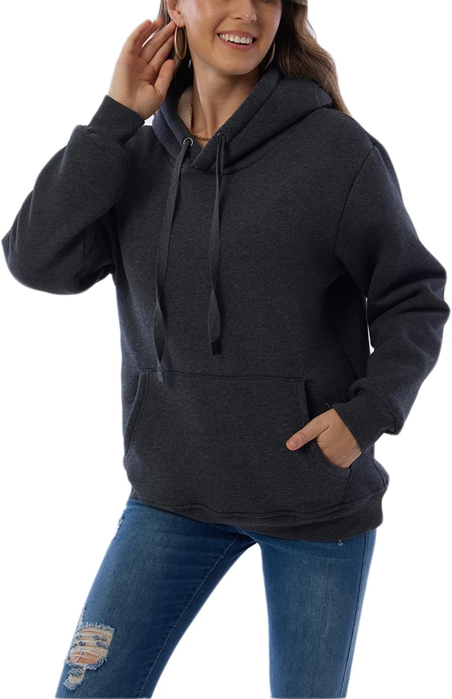 Dunkelgrauer Damen-Hoodie, Kapuze, Kängurutasche, Freizeitmode, Baumwolle, bequem.