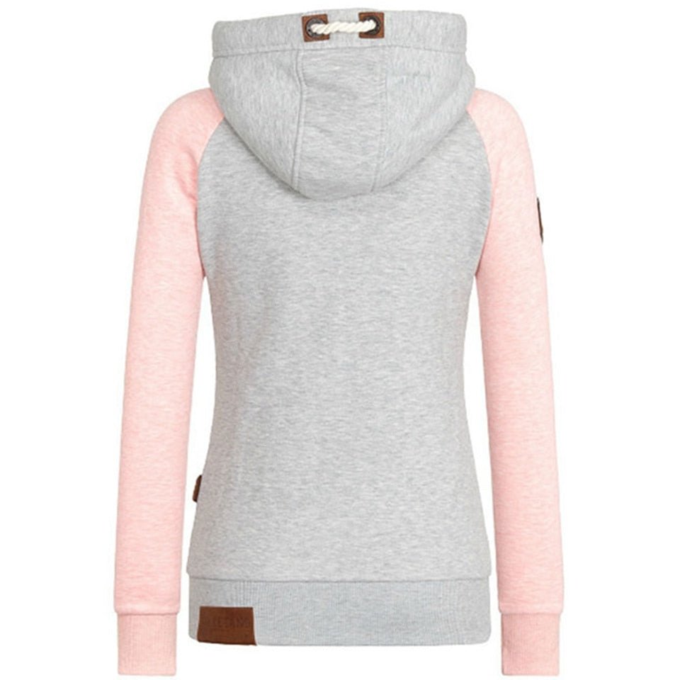 Grauer Damen-Hoodie mit Kapuze, rosa Ärmeln, Baumwolle, modern, bequem, Freizeitmode.