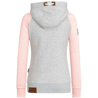 Grauer Damen-Hoodie mit Kapuze, rosa Ärmeln, Baumwolle, modern, bequem, Freizeitmode.