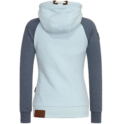 Damen-Hoodie, hellblau mit grauen Ärmeln, Kapuze, Baumwolle, modern, bequem, Freizeitmode.