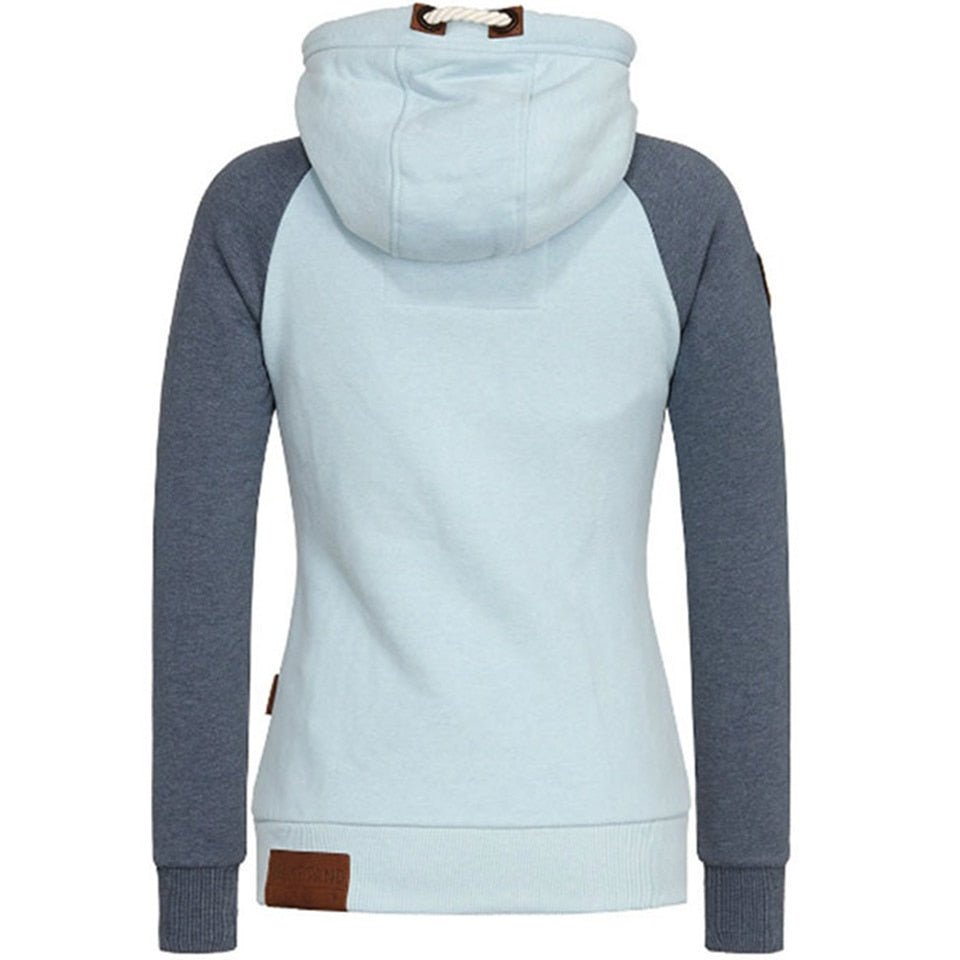 Damen-Hoodie, hellblau mit grauen Ärmeln, Kapuze, Baumwolle, modern, bequem, Freizeitmode.