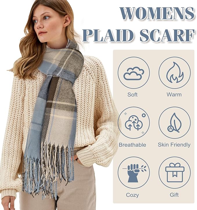 Frau mit blau-beigem Karoschal, weicher Strickpullover, modisches Accessoire, Geschenkidee.