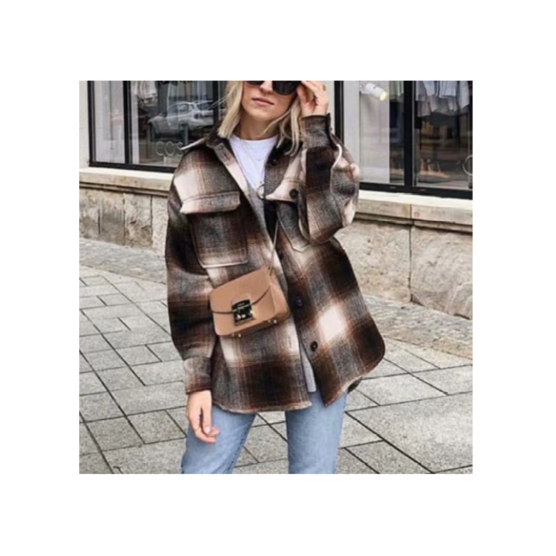 Damenjacke kariert braun, halblang, Streetwear, ideal für Frühling, Vintage-Look.