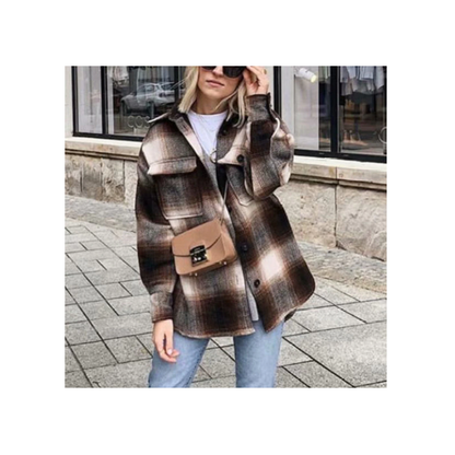 Damenjacke kariert braun, halblang, Streetwear, ideal für Frühling, Vintage-Look.