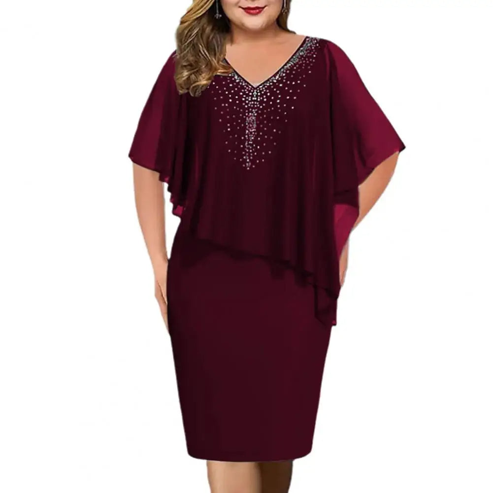 Damenkleid bordeaux, V-Ausschnitt, Pailletten, elegantes Abendkleid, knielang, festlich.