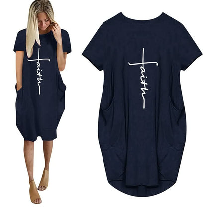 Damen T-Shirt-Kleid, dunkelblau, mit "Faith"-Aufdruck, kurze Ärmel, lässig, Baumwolle.