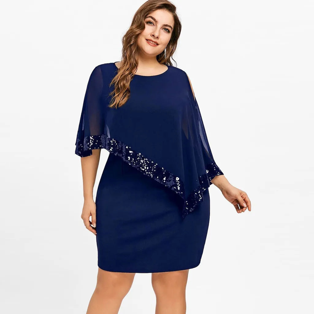 Damenkleid blau mit Pailletten, knielang, elegantes Design, ideal für Abendveranstaltungen.