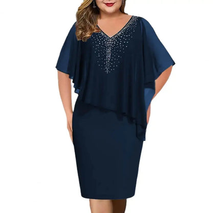 Dunkelblaues Damenkleid mit Pailletten, V-Ausschnitt, elegantes Design, knielang.