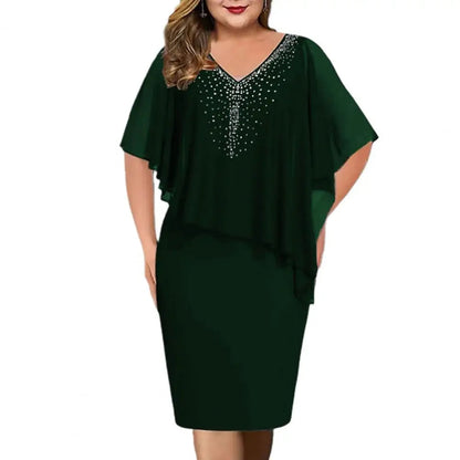 Dunkelgrünes Damenkleid mit V-Ausschnitt und Pailletten, elegantes Abendkleid, knielang.