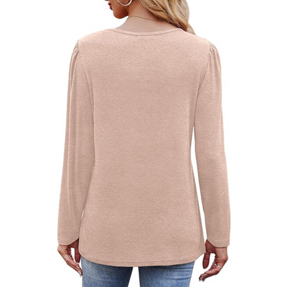 Damenpullover beige, langärmelig, Baumwolle, Rückansicht, modisch, Herbstmode, bequem.