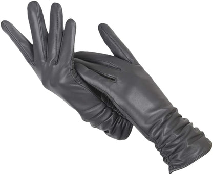 Dunkelgraue Lederhandschuhe für Damen, elegant, warm, Wintermode, Accessoire.