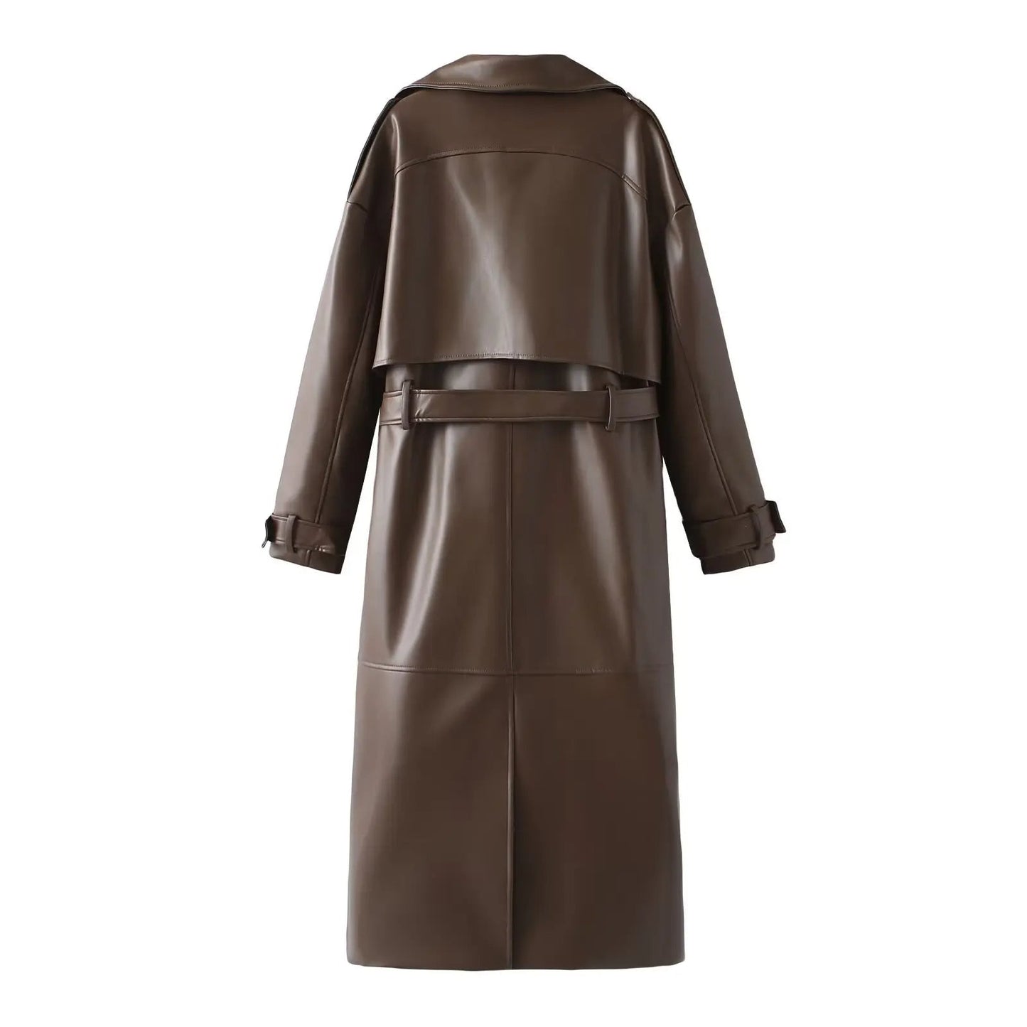 Brauner Ledermantel für Damen, lang, mit Gürtel, modisch, Herbst/Winter, Rückansicht.