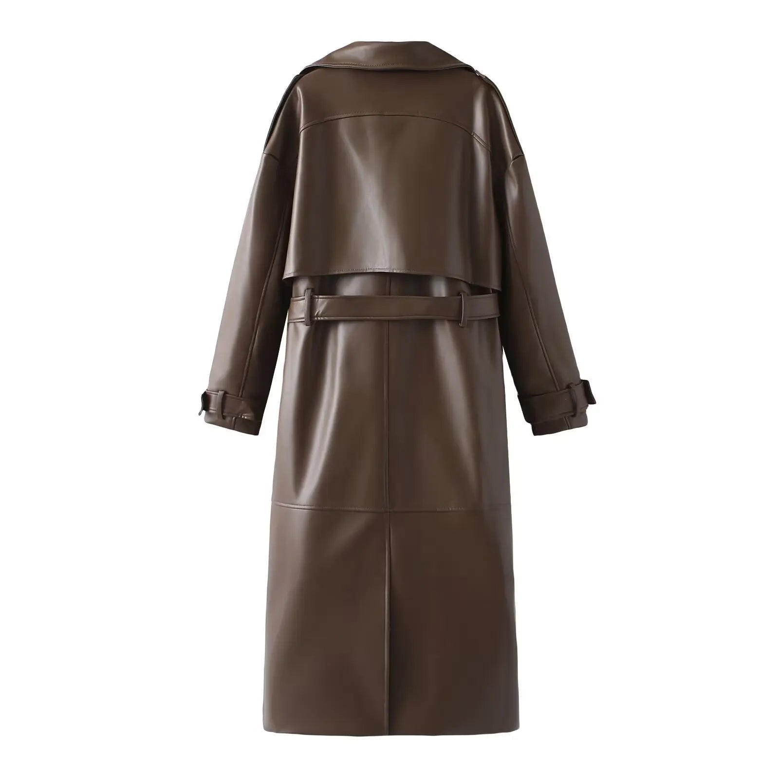 Brauner Ledermantel für Damen, lang, mit Gürtel, modisch, Herbst/Winter, Rückansicht.