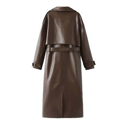 Brauner Ledermantel für Damen, lang, mit Gürtel, modisch, Herbst/Winter, Rückansicht.