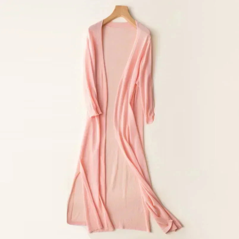 Rosa Damen-Strickjacke, lang, leicht, Sommermode, Sonnenschutz, eleganter Cardigan.