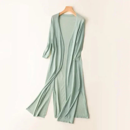 Grüner Damen-Cardigan, lang, Strick, Frühling/Sommer, UV-Schutz, modisch, leicht.