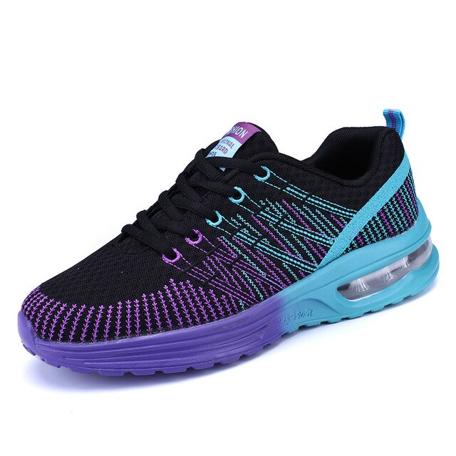 Schwarze Damen-Sneaker mit lila und blauen Akzenten, atmungsaktiv, leicht, für Sport und Freizeit.