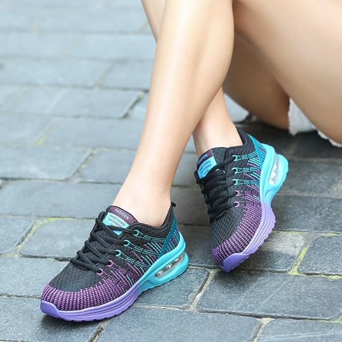 Damen Laufschuhe schwarz lila türkis, atmungsaktiv, Sportschuhe für Fitness und Jogging.