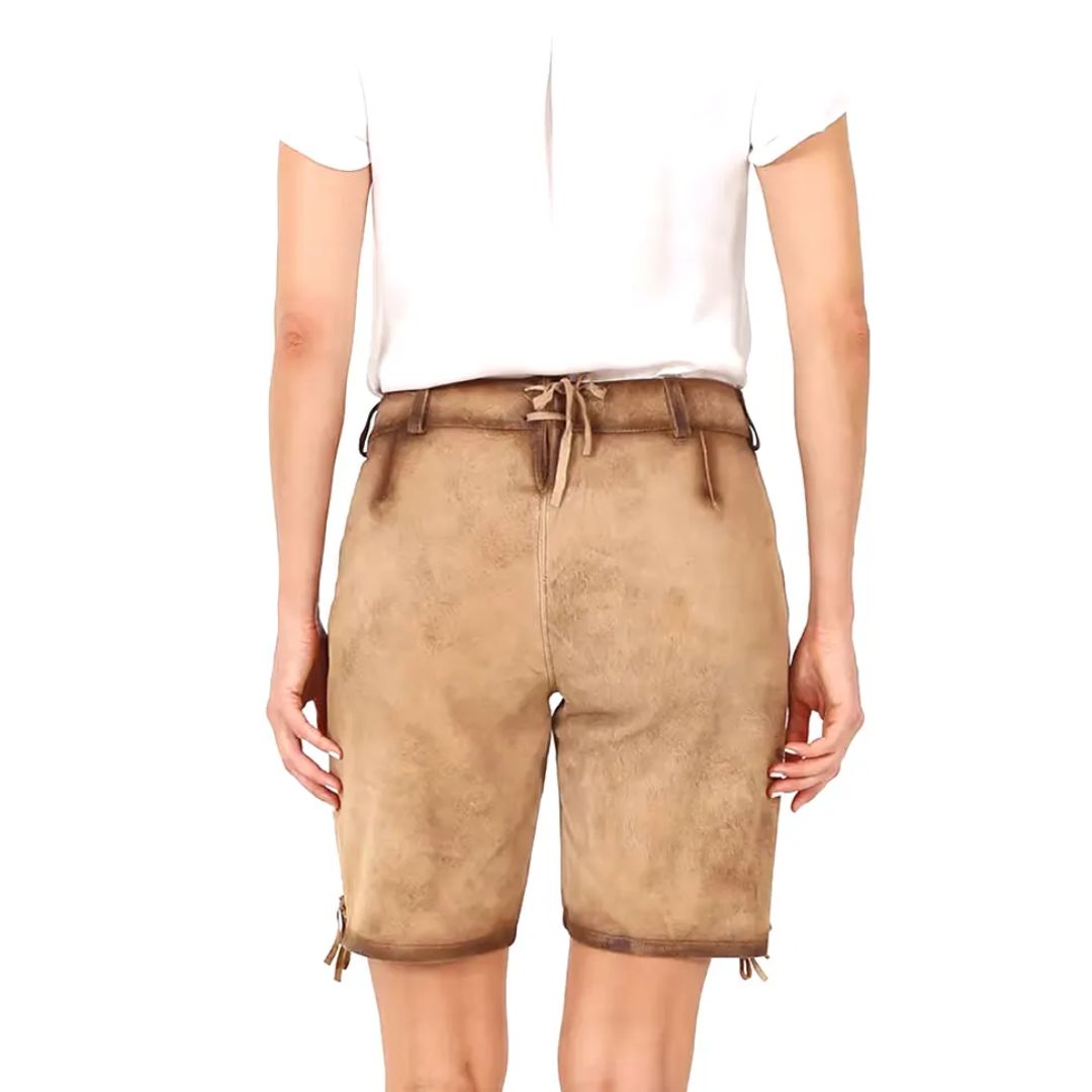Damen Lederhose beige, traditionell, Kniebund, Trachtenmode, Rückansicht, hochwertig, bequem.