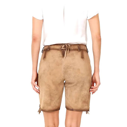 Damen Lederhose beige, traditionell, Kniebund, Trachtenmode, Rückansicht, hochwertig, bequem.