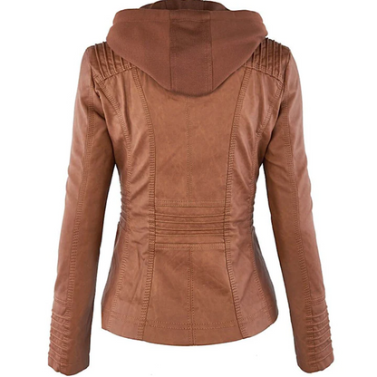 Damen Lederjacke braun mit Kapuze, modisch, elegant, hochwertig, Herbstmode, Rückansicht.