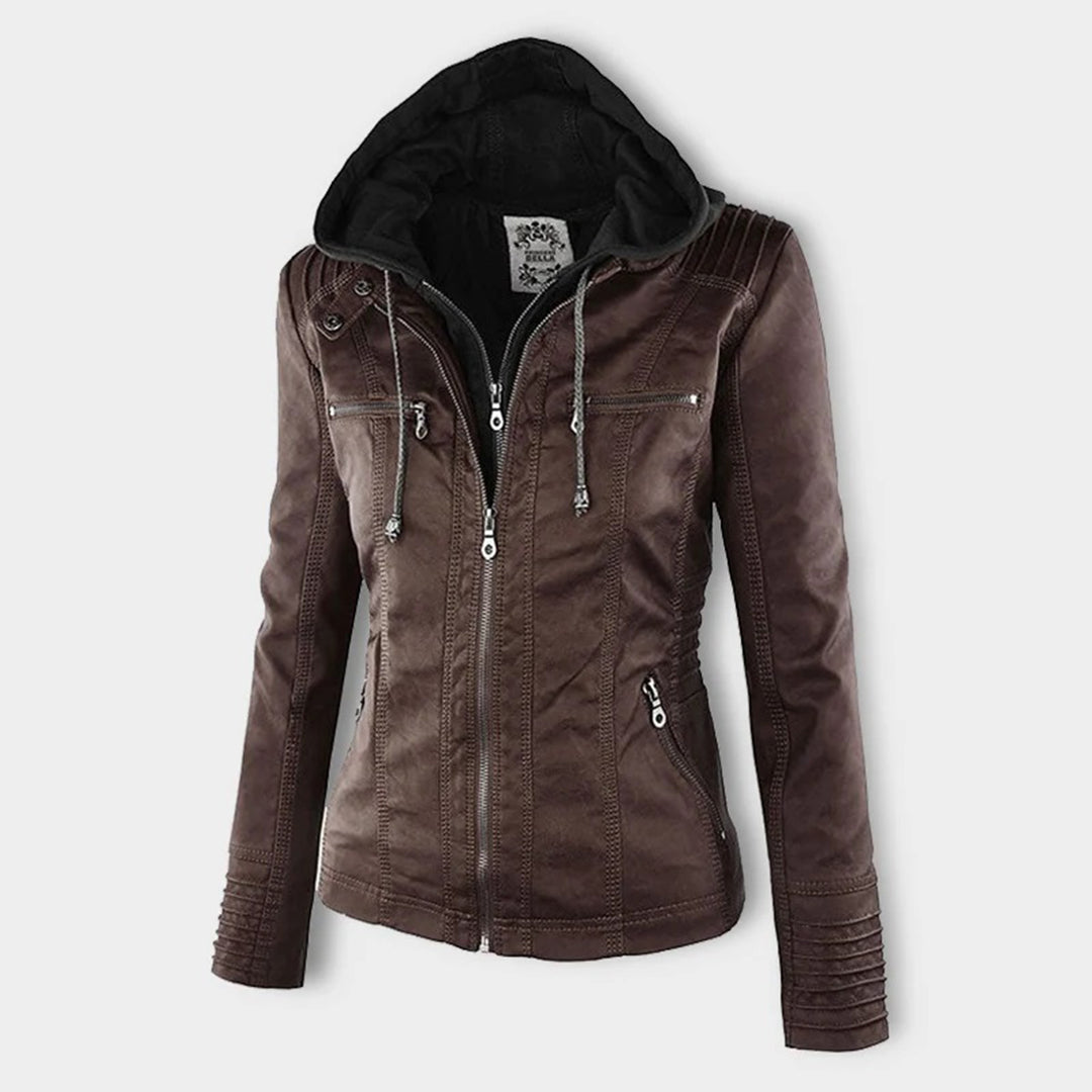 Damen Lederjacke braun mit Kapuze, Reißverschlüssen, stilvoll, modisch, Herbstmode.