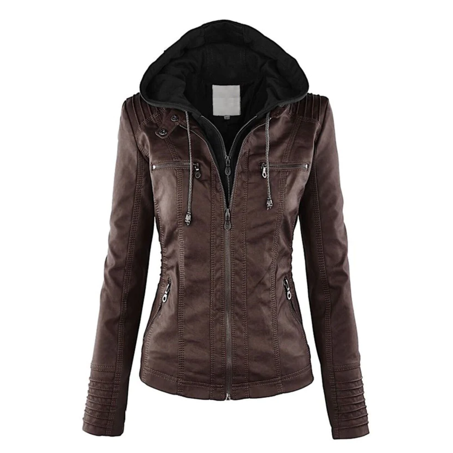 Damen Lederjacke braun mit Kapuze, Reißverschluss, modisch, Herbstmode, stilvoll und elegant.