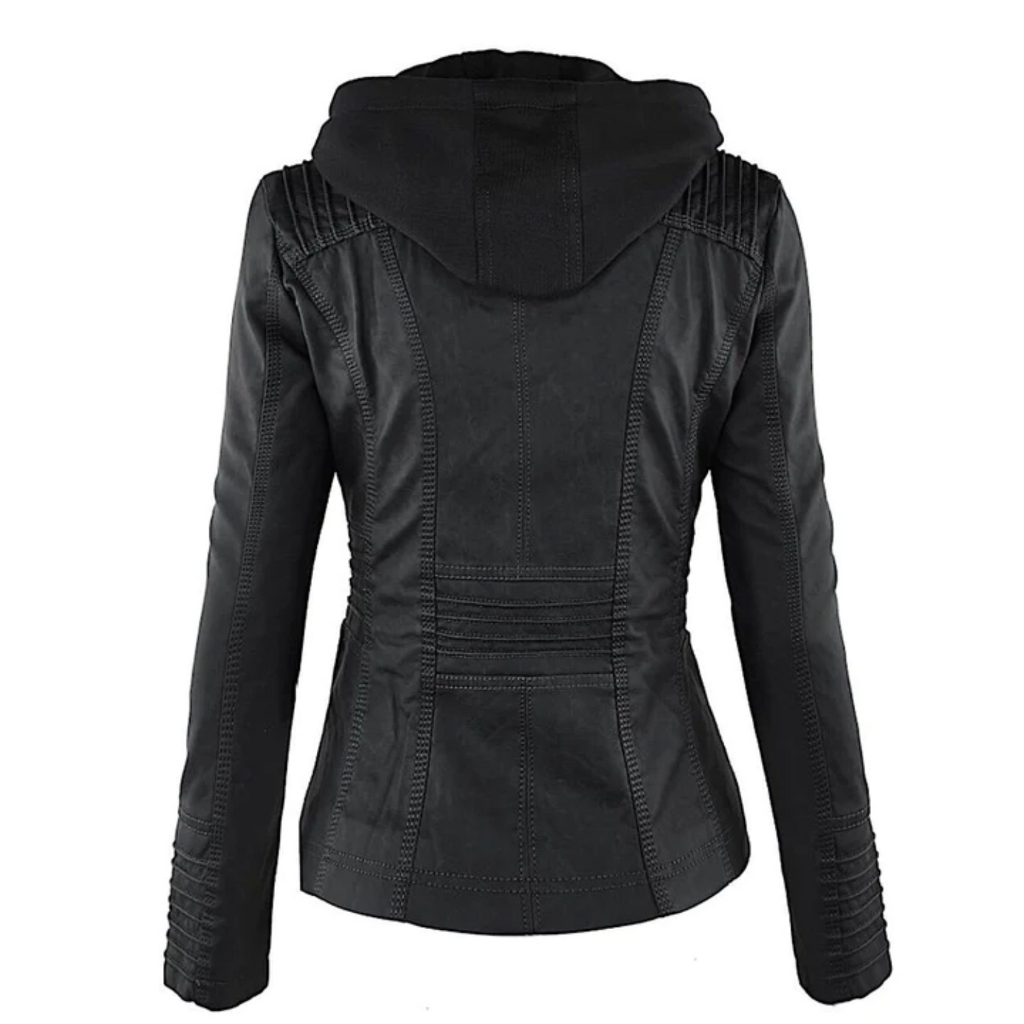Schwarze Damen-Lederjacke mit Kapuze, modisch, elegant, hochwertig, Rückansicht.