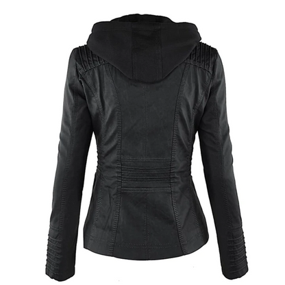 Schwarze Damen-Lederjacke mit Kapuze, modisch, elegant, hochwertig, Rückansicht.