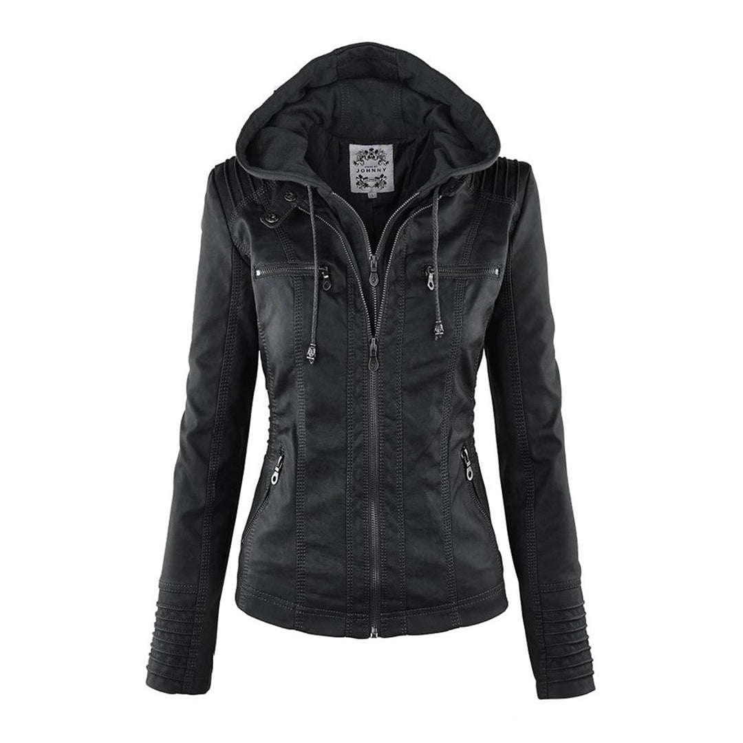 Damen Lederjacke schwarz mit Kapuze, Reißverschlüssen, modisch, Herbstmode, elegant.