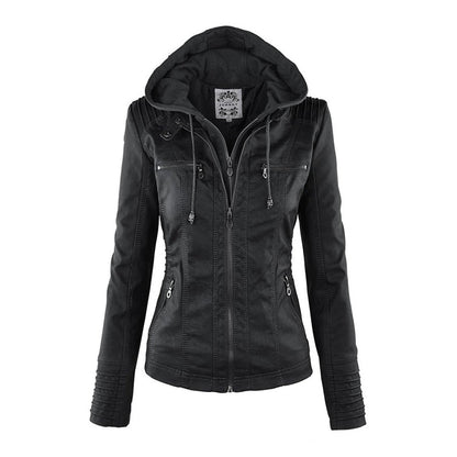 Damen Lederjacke schwarz mit Kapuze, Reißverschlüssen, modisch, Herbstmode, elegant.