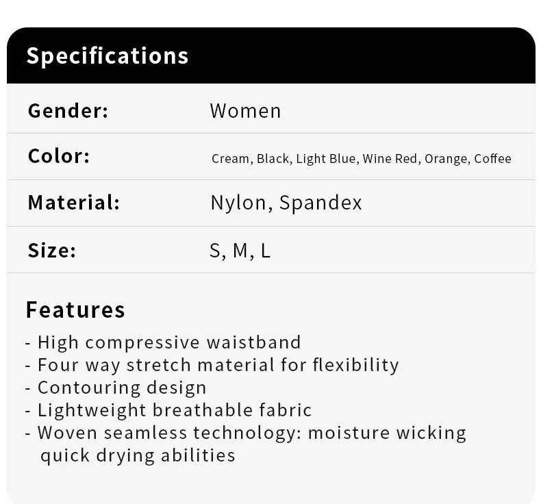 Spezifikationen für Damenbekleidung: Nylon, Spandex, Farben: Creme, Schwarz, Blau, Rot, Orange, Kaffee.
