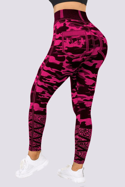 Damen Leggings pink Camouflage-Muster, hohe Taille, elastisch, Sportbekleidung.
