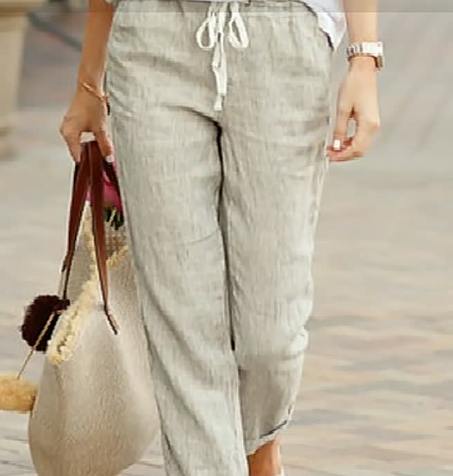 Damen Leinenhose beige, lässig, Kordelzug, Sommermode, bequem, Freizeitkleidung.