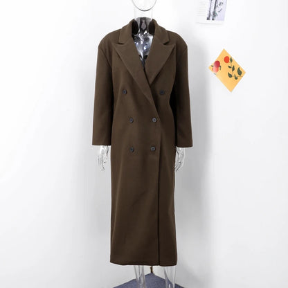 Dunkelbrauner Damen-Wollmantel, doppelreihig, elegant, Herbstmode, lang, klassisch.