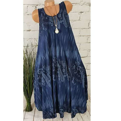 Blaues ärmelloses Maxikleid mit Paisley-Muster, Damenmode, Sommerkleidung, Boho-Stil.