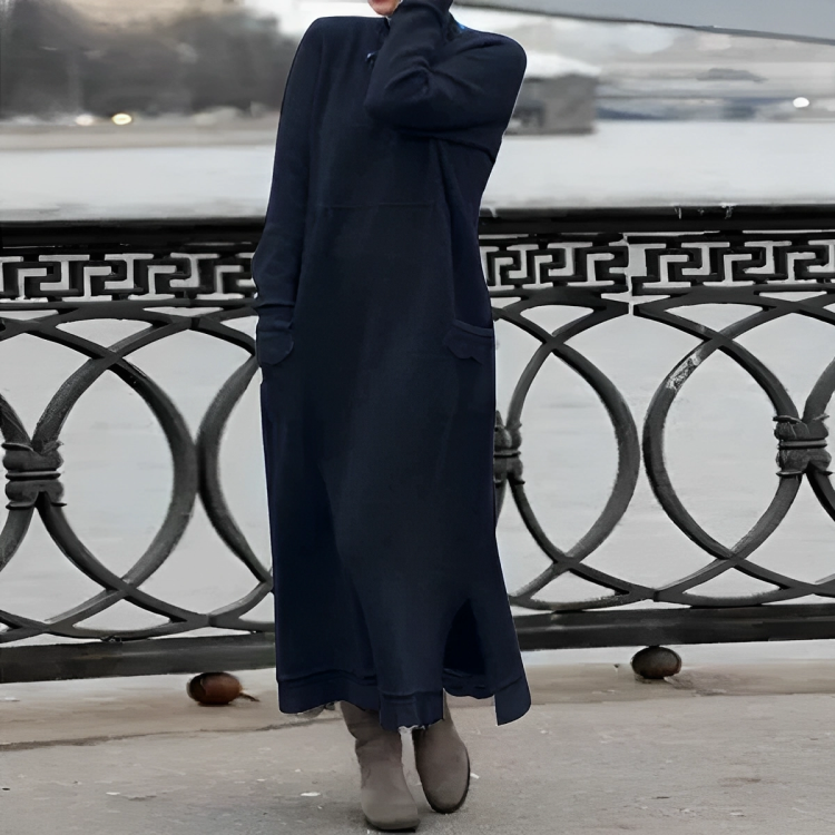 Dunkelblaues Maxikleid aus Wolle, langärmelig, elegant, Damenmode, Herbstkleidung.