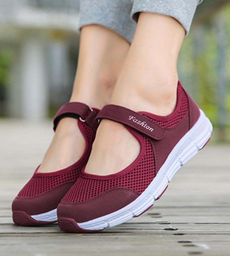 Damen Mesh Sneaker, atmungsaktiv, bequem, rot, Klettverschluss, Freizeit, Mode.