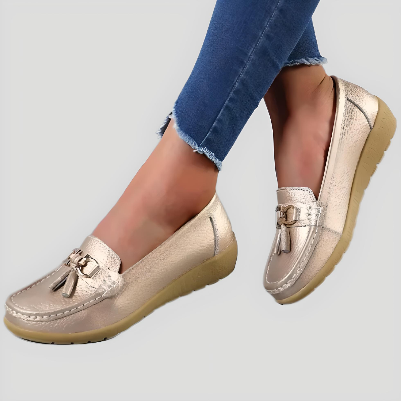 Damen Mokassins gold Leder, Quasten, bequeme Freizeitschuhe, rutschfeste Sohle, modisch.