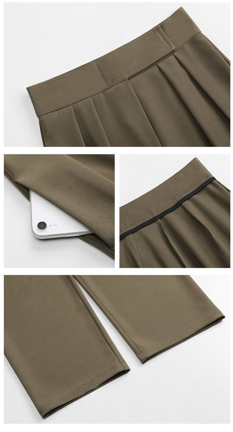 Khakifarbene Damenhose, Falten, Seitentasche, Smartphone, eleganter Stil, Polyester.