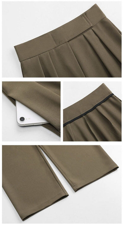 Khakifarbene Damenhose, Falten, Seitentasche, Smartphone, eleganter Stil, Polyester.
