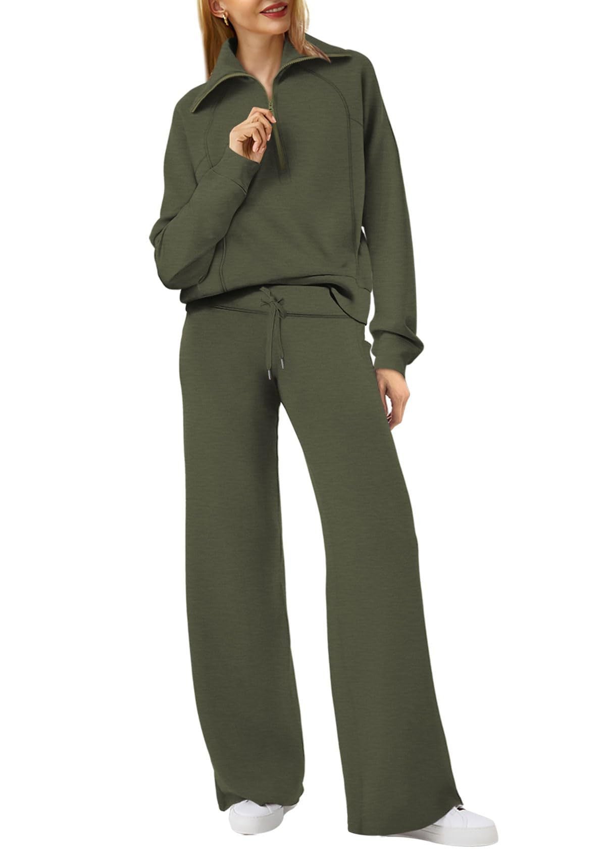 Damen-Oliven-Grüner Jogginganzug, Langarm, Reißverschluss, Weite Hose, Freizeitmode.