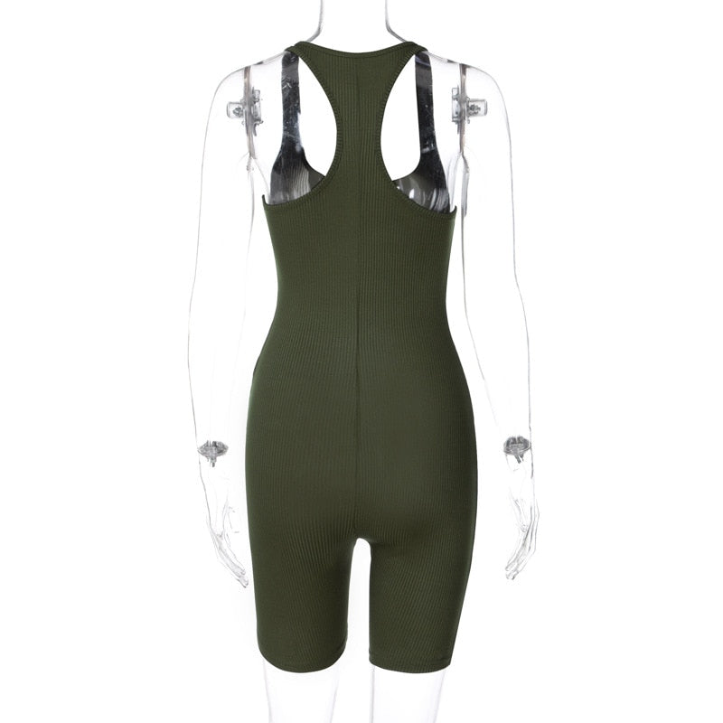 Damen-Bodycon-Jumpsuit, ärmellos, olivgrün, gerippt, sportlich, Freizeitmode, Rückansicht.